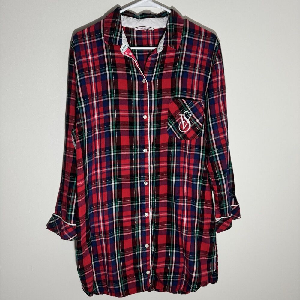 Victoria's Secret Plaid Flannel Sleep Shirt Button Down Nightgown Red Tartan